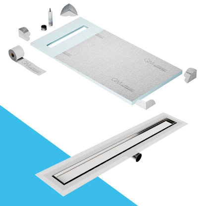 QM Drain Prefab Shower Pan Kit paired with Mist (Tile-In) Linear Drain Kit 32 in Satin Side Outlet finish. This system features seamless tile integration, efficient water drainage, and a modern satin aesthetic, ideal for luxury shower installations with a sleek side outlet configuration.