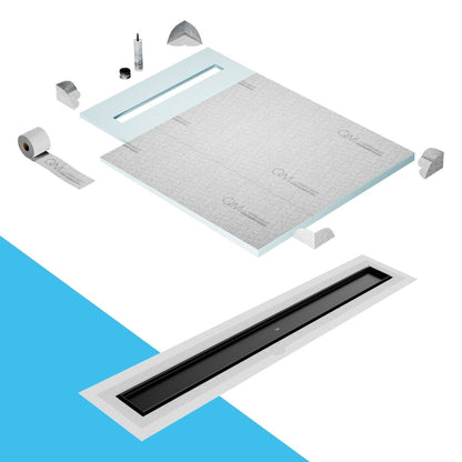 QM Drain Prefab Shower Pan Kit paired with Mist (Tile-In) Linear Drain Kit 40 in Black Flange Edge finish. This system offers seamless tile integration, efficient water drainage, and a sleek black aesthetic, perfect for high-end shower installations with a modern flange edge design.