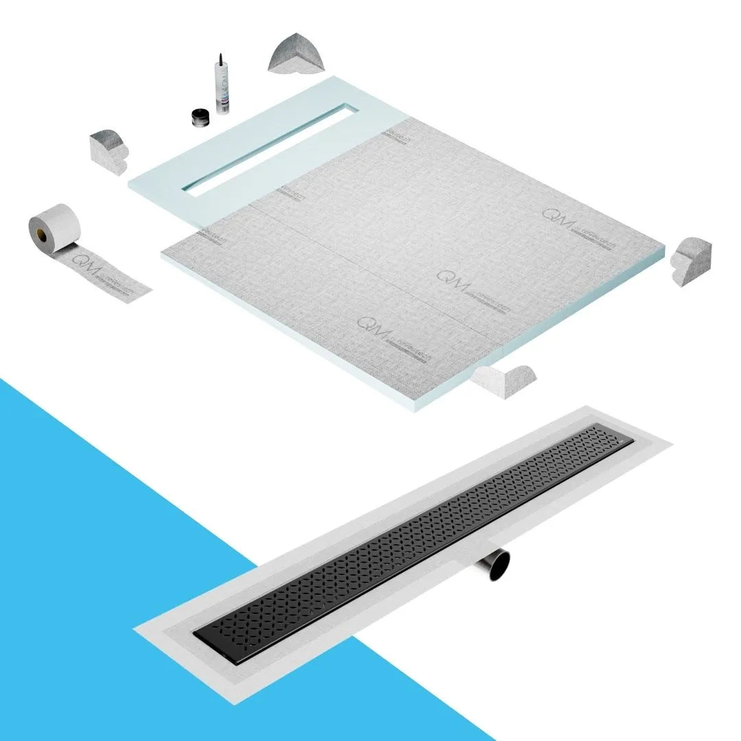 QM Drain Prefab Shower Pan Kit paired with Lotus Linear Drain Kit 40 in Black Side Outlet finish. This system ensures efficient water drainage, seamless tile integration, and a sleek black aesthetic, perfect for luxury shower installations with a modern side outlet design.