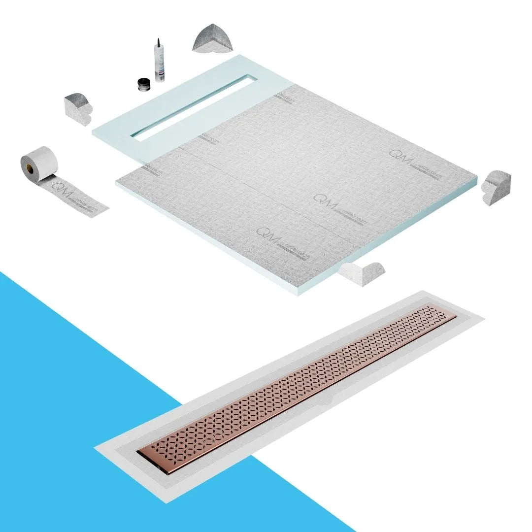 QM Drain Prefab Shower Pan Kit paired with Lotus Linear Drain Kit 40 in Bronze Flange Edge finish. This premium system provides seamless tile integration, efficient water drainage, and a luxurious bronze aesthetic, making it ideal for luxury shower installations with a modern flange edge design.