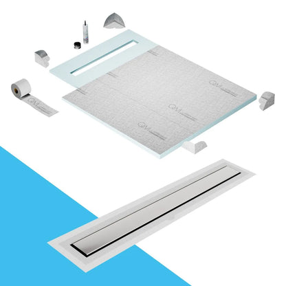 QM Drain Prefab Shower Pan Kit paired with Mist (Tile-In) Linear Drain Kit 40 in Frameless Flange Edge finish. This system provides seamless tile integration, efficient water drainage, and a sleek minimalist design, perfect for frameless luxury shower installations with a modern flange edge. 
