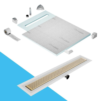 QM Drain Prefab Shower Pan Kit paired with Lotus Linear Drain Kit 40 in Gold Side Outlet finish. This system offers seamless tile integration, efficient water drainage, and a luxurious gold aesthetic, ideal for high-end shower installations with a sleek, contemporary side outlet design.