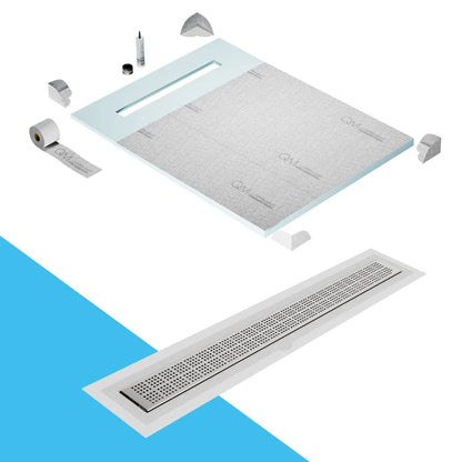 QM Drain Prefab Shower Pan Kit paired with Kai Linear Drain Kit 40 in Polished Flange Edge finish. This premium system ensures seamless tile integration, efficient water drainage, and a sleek polished aesthetic, making it perfect for luxury shower installations with a modern flange edge design.