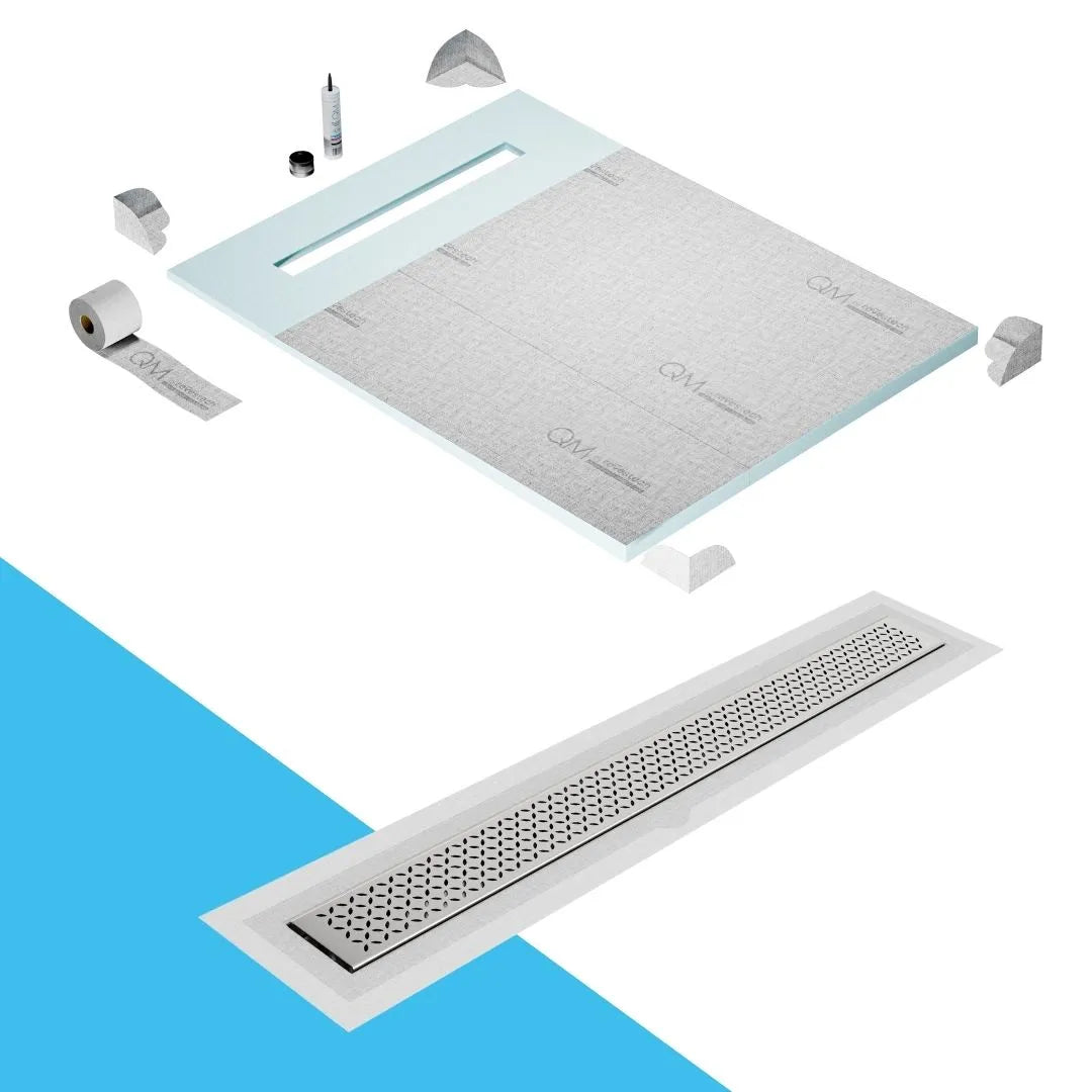 QM Drain Prefab Shower Pan Kit paired with Lotus Linear Drain Kit 40 in Polished Flange Edge finish. This system provides seamless tile integration, efficient water drainage, and a luxurious polished aesthetic, perfect for high-end shower installations with a sleek and modern flange edge design.