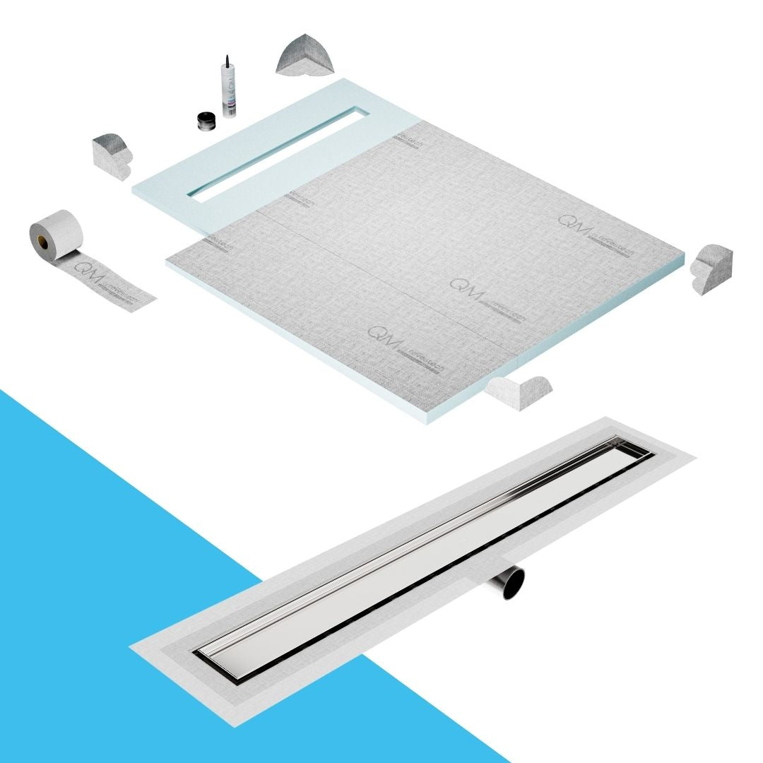 QM Drain Prefab Shower Pan Kit paired with Mist (Tile-In) Linear Drain Kit 40 in Satin Side Outlet finish. This system features seamless tile integration, efficient water drainage, and a sleek satin finish, ideal for luxury shower installations with a modern side outlet configuration.
