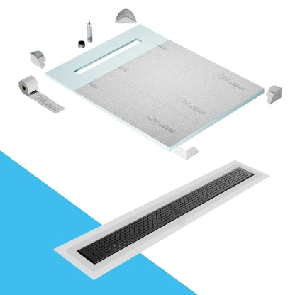 QM Drain Prefab Shower Pan Kit paired with Lotus Linear Drain Kit 48 in Black Flange Edge finish. This premium system ensures seamless tile integration, efficient water drainage, and a sleek black aesthetic, perfect for luxury shower installations with a modern and minimalist flange edge design.