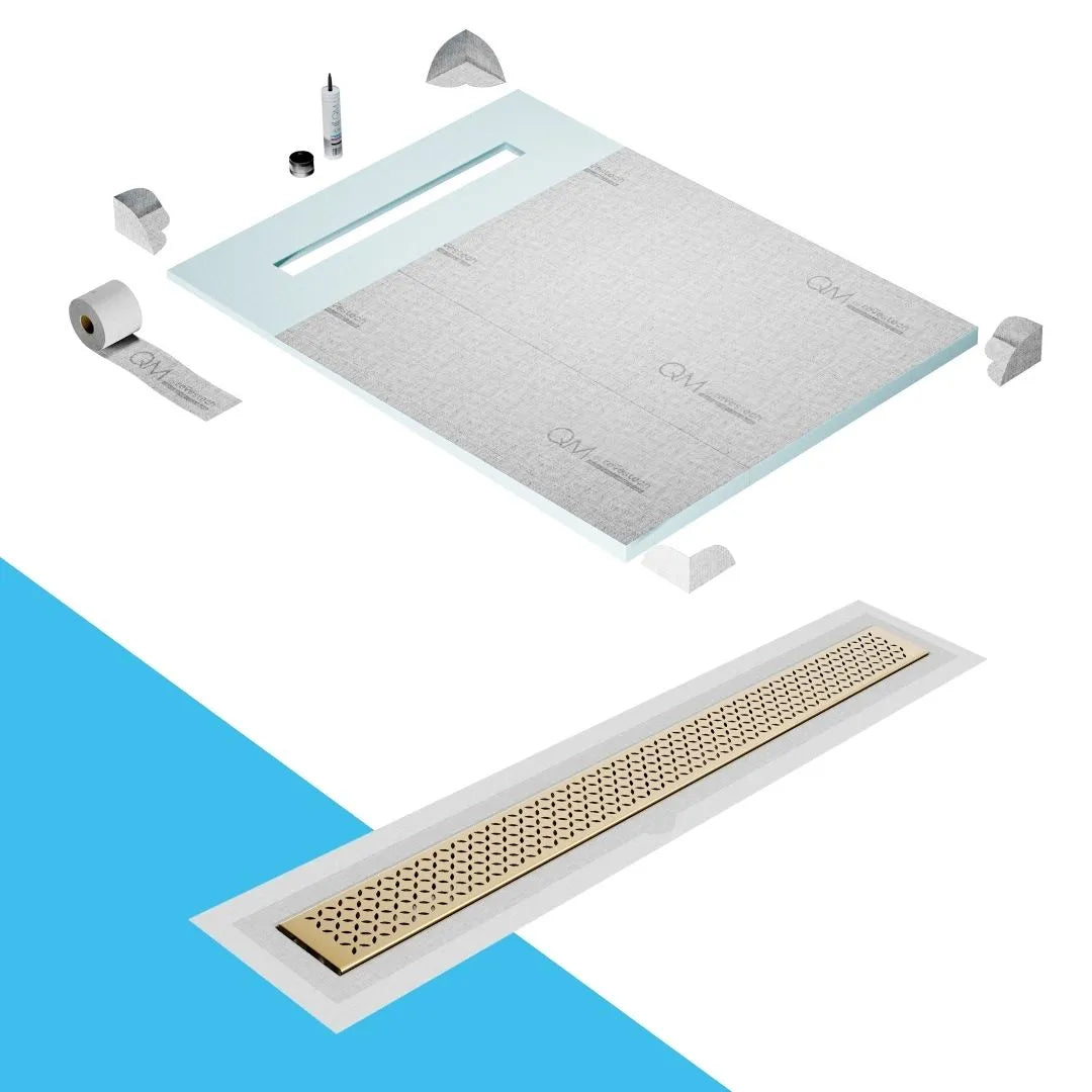 QM Drain Prefab Shower Pan Kit paired with Lotus Linear Drain Kit 48 in Gold Flange Edge finish. This system provides seamless tile integration, efficient water drainage, and a luxurious gold aesthetic, making it ideal for high-end shower installations with a sleek and modern flange edge design.