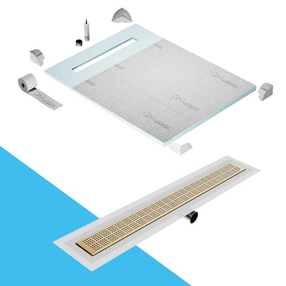 QM Drain Prefab Shower Pan Kit paired with Kai Linear Drain Kit 48 in Gold Side Outlet finish. This high-quality system provides seamless tile integration, efficient water drainage, and a luxurious gold aesthetic, ideal for luxury shower installations with a sleek and modern side outlet design.