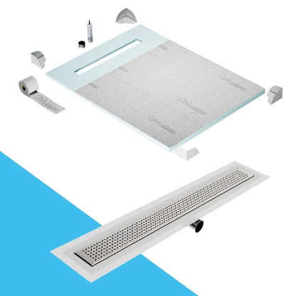 QM Drain Prefab Shower Pan Kit paired with Lotus Linear Drain Kit 48 in Polished Side Outlet finish. This system ensures seamless tile integration, efficient water drainage, and a sleek polished aesthetic, ideal for luxury shower installations with a contemporary side outlet design.