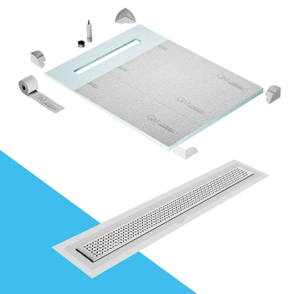 QM Drain Prefab Shower Pan Kit paired with Lotus Linear Drain Kit 48 in Satin Flange Edge finish. This system offers seamless tile integration, efficient water drainage, and a sleek satin finish, perfect for luxury shower installations with a modern flange edge configuration.