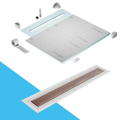 QM Drain Shower Pan with Delmar Delta Flange Edge Linear Drain, stainless-steel grate featuring modern square perforations, efficient drainage with integrated flange, available in  Gold, Bronze, Polished, and Black finishes.