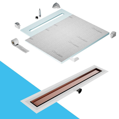 QM Drain Shower Pan with Delmar Mist Tile-In Side Outlet Linear Drain, stainless-steel grate allowing seamless tile integration, 'mist' perforations, modern aesthetics, available in Satin, Gold, Bronze, Polished, and Black finishes.