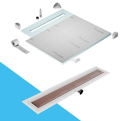 QM Drain Shower Pan with Delmar Delta Side Outlet Linear Drain, featuring stainless-steel grate with modern square perforations, efficient drainage, available in Satin, Gold, Bronze, Polished, and Black finishes.