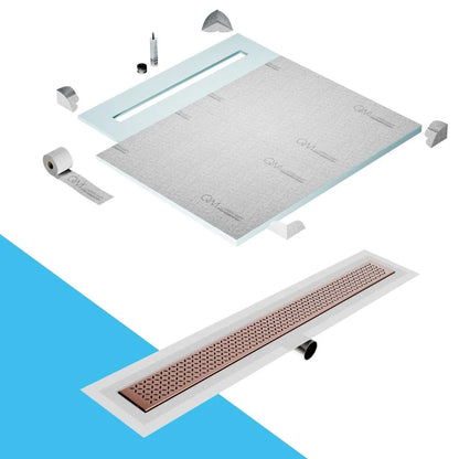 QM Drain Shower Pan with Delmar Lotus Side Outlet Linear Drain, stainless-steel decorative floral-pattern grate, ensuring efficient drainage, available in Satin, Gold, Bronze, Polished, and Black finishes.