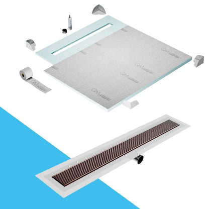 QM Drain Shower Pan with Delmar Wedgewire Side Outlet Linear Drain, stainless-steel linear wedge-wire grate for efficient drainage and contemporary style, offered in, Gold, Bronze, Polished, and Black finishes.