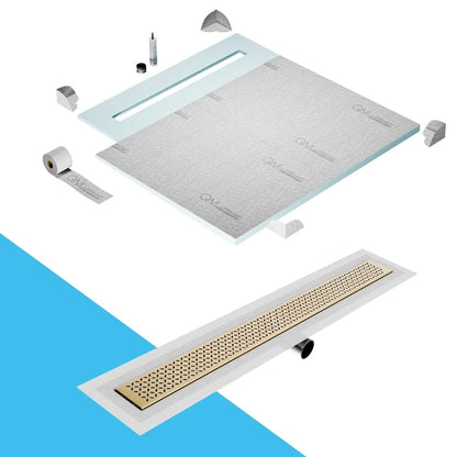 QM Drain Shower Pan with Delmar Lotus Side Outlet Linear Drain, stainless-steel decorative floral-pattern grate, ensuring efficient drainage, available in Satin, Gold, Bronze, Polished, and Black finishes.