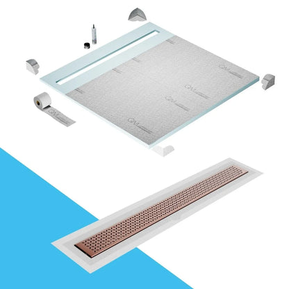 QM Drain Shower Pan with Delmar Lotus Flange Edge Linear Drain, stainless-steel decorative floral grate design, integrated flange for seamless tile installation, efficient drainage, offered in Satin, Gold, Bronze, Polished, and Black finishes.