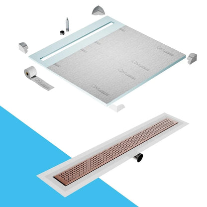 QM Drain Shower Pan with Delmar Lotus Side Outlet Linear Drain, stainless-steel decorative floral-pattern grate, ensuring efficient drainage, available in Satin, Gold, Bronze, Polished, and Black finishes.