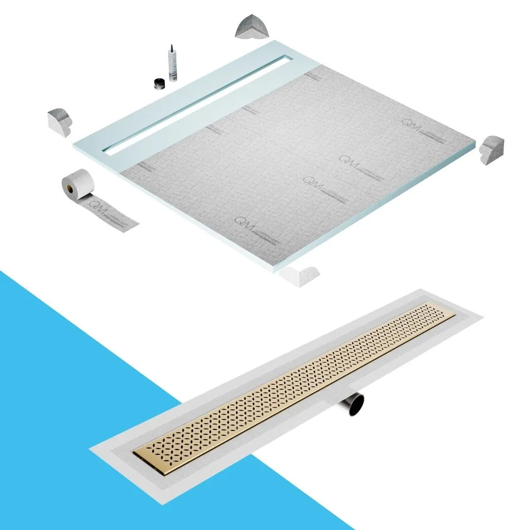 QM Drain Shower Pan with Delmar Lotus Side Outlet Linear Drain, stainless-steel decorative floral-pattern grate, ensuring efficient drainage, available in Satin, Gold, Bronze, Polished, and Black finishes.