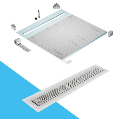 QM Drain Shower Pan with Delmar Lotus Flange Edge Linear Drain, stainless-steel decorative floral grate design, integrated flange for seamless tile installation, efficient drainage, offered in Satin, Gold, Bronze, Polished, and Black finishes.