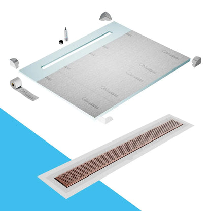 QM Drain Shower Pan with Delmar Delta Flange Edge Linear Drain, stainless-steel grate featuring modern square perforations, efficient drainage with integrated flange, available in  Gold, Bronze, Polished, and Black finishes.