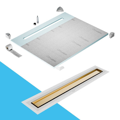 QM Drain Shower Pan with Delmar Mist Tile-In Flange Edge Linear Drain, stainless-steel grate allowing seamless tile integration, featuring fine 'mist' perforations, integrated flange, minimalist aesthetics, offered in Satin, Gold, Bronze, Polished, and Black finishes.