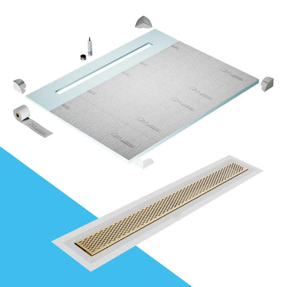 QM Drain Shower Pan with Delmar Delta Flange Edge Linear Drain, stainless-steel grate featuring modern square perforations, efficient drainage with integrated flange, available in  Gold, Bronze, Polished, and Black finishes.
