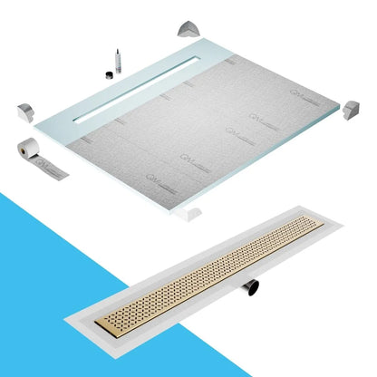 QM Drain Shower Pan with Delmar Lotus Side Outlet Linear Drain, stainless-steel decorative floral-pattern grate, ensuring efficient drainage, available in Satin, Gold, Bronze, Polished, and Black finishes.