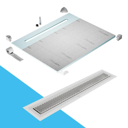 QM Drain Shower Pan with Delmar Delta Flange Edge Linear Drain, stainless-steel grate featuring modern square perforations, efficient drainage with integrated flange, available in  Gold, Bronze, Polished, and Black finishes.