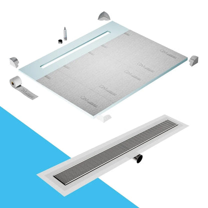 QM Drain Shower Pan with Delmar Wedgewire Side Outlet Linear Drain, stainless-steel linear wedge-wire grate for efficient drainage and contemporary style, offered in, Gold, Bronze, Polished, and Black finishes.