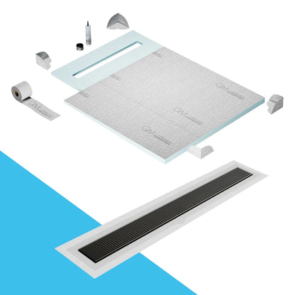 QM Drain Prefab Shower Pan Kit paired with Delta Linear Drain Kit 40" in Luxe Gray Flange Edge Wedgewire finish. This system provides seamless tile integration, efficient water drainage, and a high-quality polished aesthetic, making it ideal for luxury shower installations with a modern side outlet configuration.