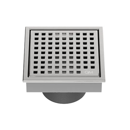 QM Drain Lagos Mira Square Drain in Satin finish, featuring a sleek stainless-steel square design with a fine perforated grate. This drain offers efficient water drainage, seamless integration into modern tile floors, and a luxurious aesthetic for high-end bathroom and shower installations.