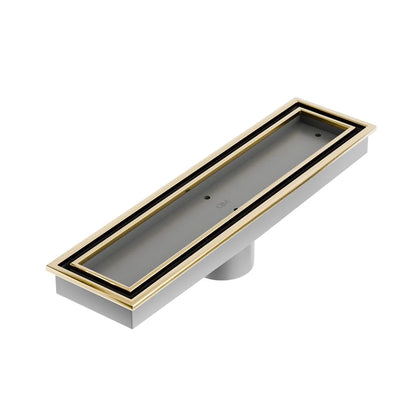 QM Drain Lagos Veil Tile-In Linear Drain in Gold finish, featuring a sleek stainless-steel channel with a concealed grate design. This drain offers seamless tile integration, efficient water drainage, and a luxurious touch, ideal for modern high-end shower and bathroom installations.