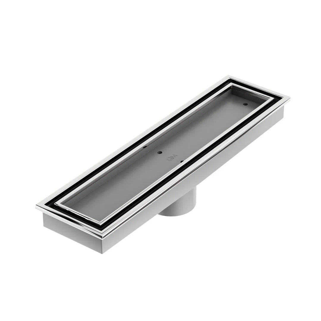 QM Drain Lagos Veil Tile-In Linear Drain in Polished finish, featuring a sleek stainless-steel channel with a concealed grate design. This drain ensures seamless tile integration, efficient water drainage, and a luxurious aesthetic, perfect for modern high-end shower and bathroom installations.