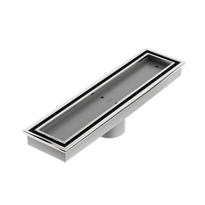 QM Drain Lagos Veil Tile-In Linear Drain in Polished finish, featuring a sleek stainless-steel channel with a concealed grate design. This drain ensures seamless tile integration, efficient water drainage, and a luxurious aesthetic, perfect for modern high-end shower and bathroom installations.
