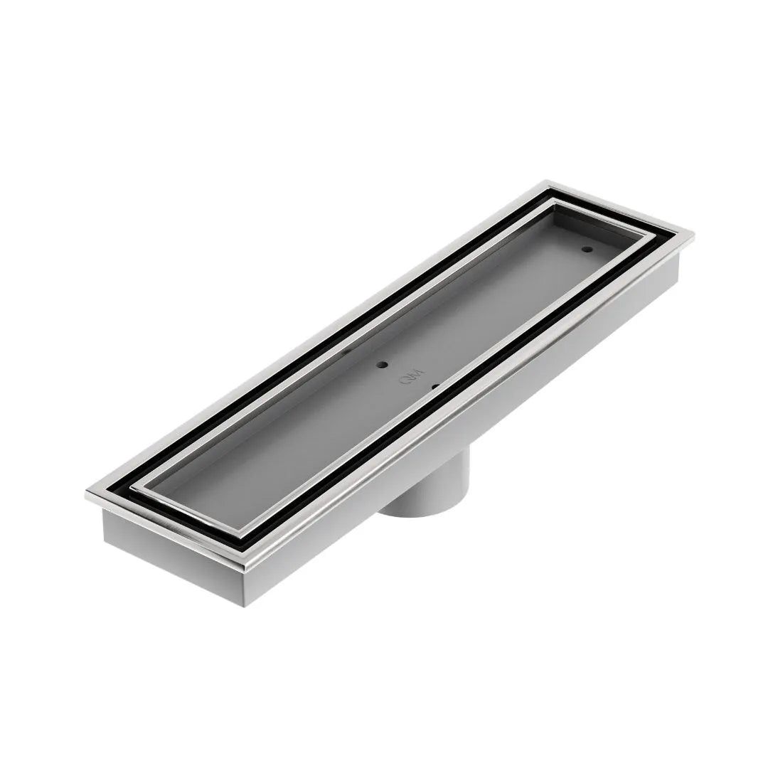 QM Drain Lagos Veil Tile-In Linear Drain in Satin finish, featuring a sleek stainless-steel channel with a concealed grate design. This drain offers seamless tile integration, efficient water drainage, and a minimalist aesthetic, ideal for modern luxury shower and bathroom installations.
