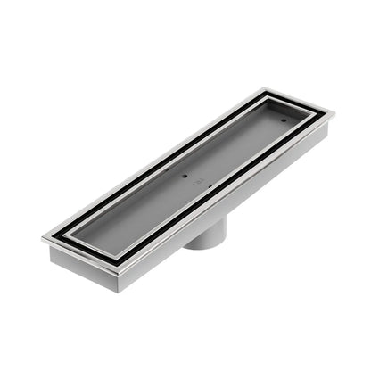 QM Drain Lagos Veil Tile-In Linear Drain in Satin finish, featuring a sleek stainless-steel channel with a concealed grate design. This drain offers seamless tile integration, efficient water drainage, and a minimalist aesthetic, ideal for modern luxury shower and bathroom installations.
