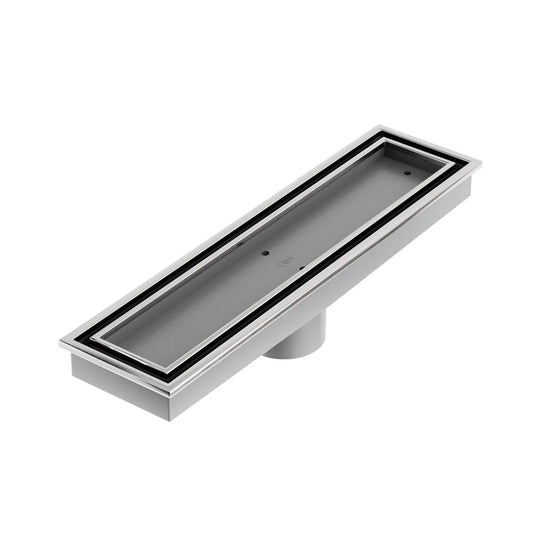 QM Drain Lagos Veil Tile-In Linear Drain in Satin finish, featuring a sleek stainless-steel channel with a concealed grate design. This drain offers seamless tile integration, efficient water drainage, and a minimalist aesthetic, ideal for modern luxury shower and bathroom installations.