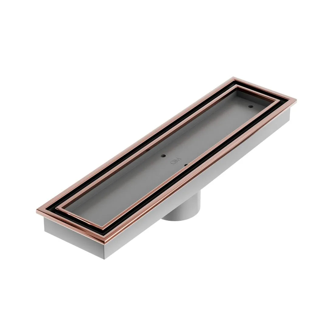 QM Drain Lagos Veil Tile-In Linear Drain in Bronze finish, featuring a sleek stainless-steel channel with a concealed grate design. This drain ensures seamless tile integration, efficient water drainage, and a sophisticated aesthetic, perfect for luxury shower and bathroom installations.
