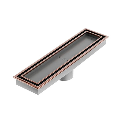 QM Drain Lagos Veil Tile-In Linear Drain in Bronze finish, featuring a sleek stainless-steel channel with a concealed grate design. This drain ensures seamless tile integration, efficient water drainage, and a sophisticated aesthetic, perfect for luxury shower and bathroom installations.