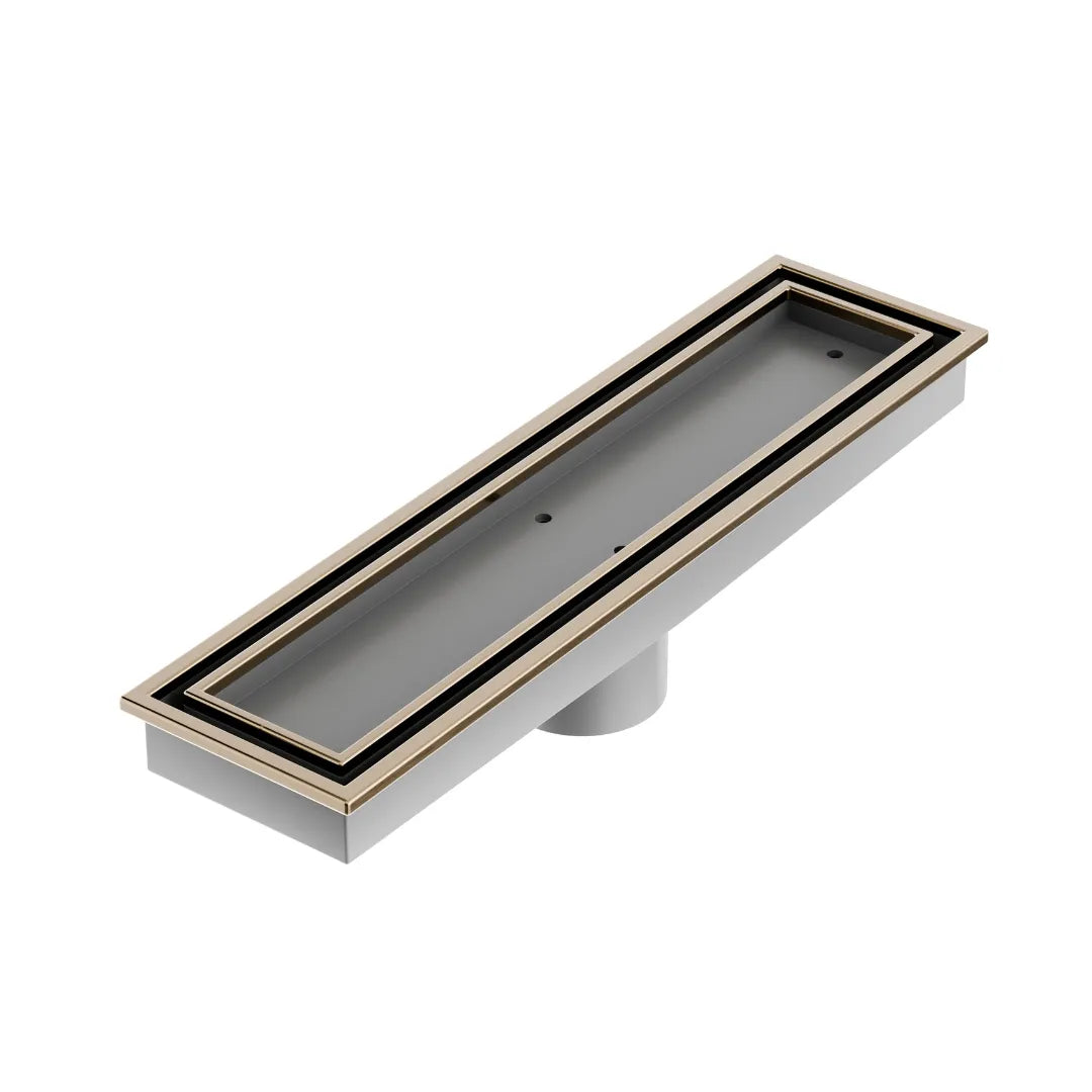 QM Drain Lagos Veil Tile-In Linear Drain in Champagne finish, featuring a sleek stainless-steel channel with a concealed grate design. This drain provides seamless tile integration, efficient water drainage, and a modern, minimalist aesthetic, ideal for high-end shower and bathroom installations.