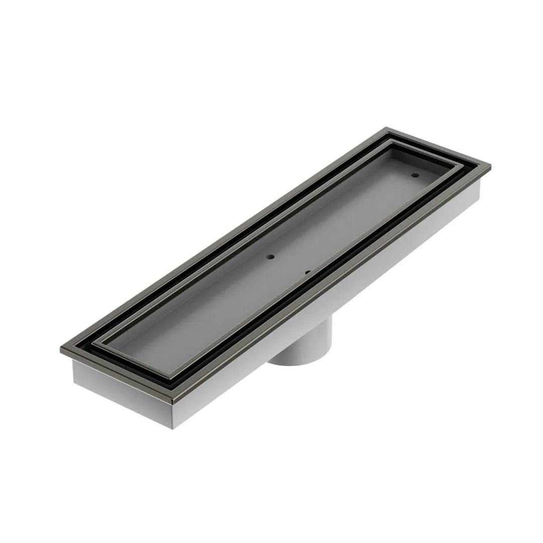 QM Drain Lagos Veil Tile-In Linear Drain in Luxe Gray finish, featuring a sleek stainless-steel channel with a concealed grate design. This drain provides seamless tile integration, efficient water drainage, and a modern, minimalist aesthetic, ideal for high-end shower and bathroom installations.