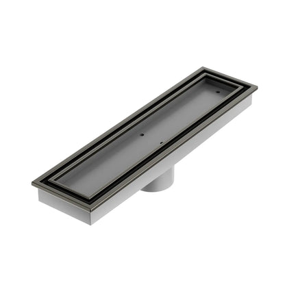 QM Drain Lagos Veil Tile-In Linear Drain in Luxe Gray finish, featuring a sleek stainless-steel channel with a concealed grate design. This drain provides seamless tile integration, efficient water drainage, and a modern, minimalist aesthetic, ideal for high-end shower and bathroom installations.
