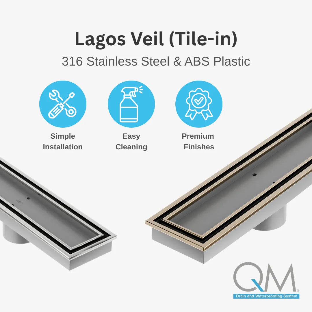Lagos Veil 12-inch tile-in linear drain by QM Drain. Features 316 stainless steel construction, simple installation, and premium finishes.