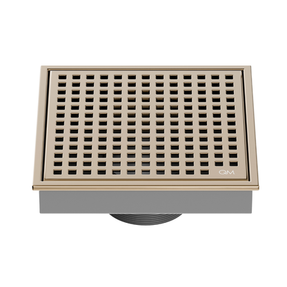 QM Drain Lagos Mira Square Drain 5 3/4 in Champagne finish, featuring a sleek stainless-steel square design with a fine perforated grate. This drain offers efficient water drainage, seamless integration into modern shower floors, and a contemporary aesthetic for luxury bathroom installations.