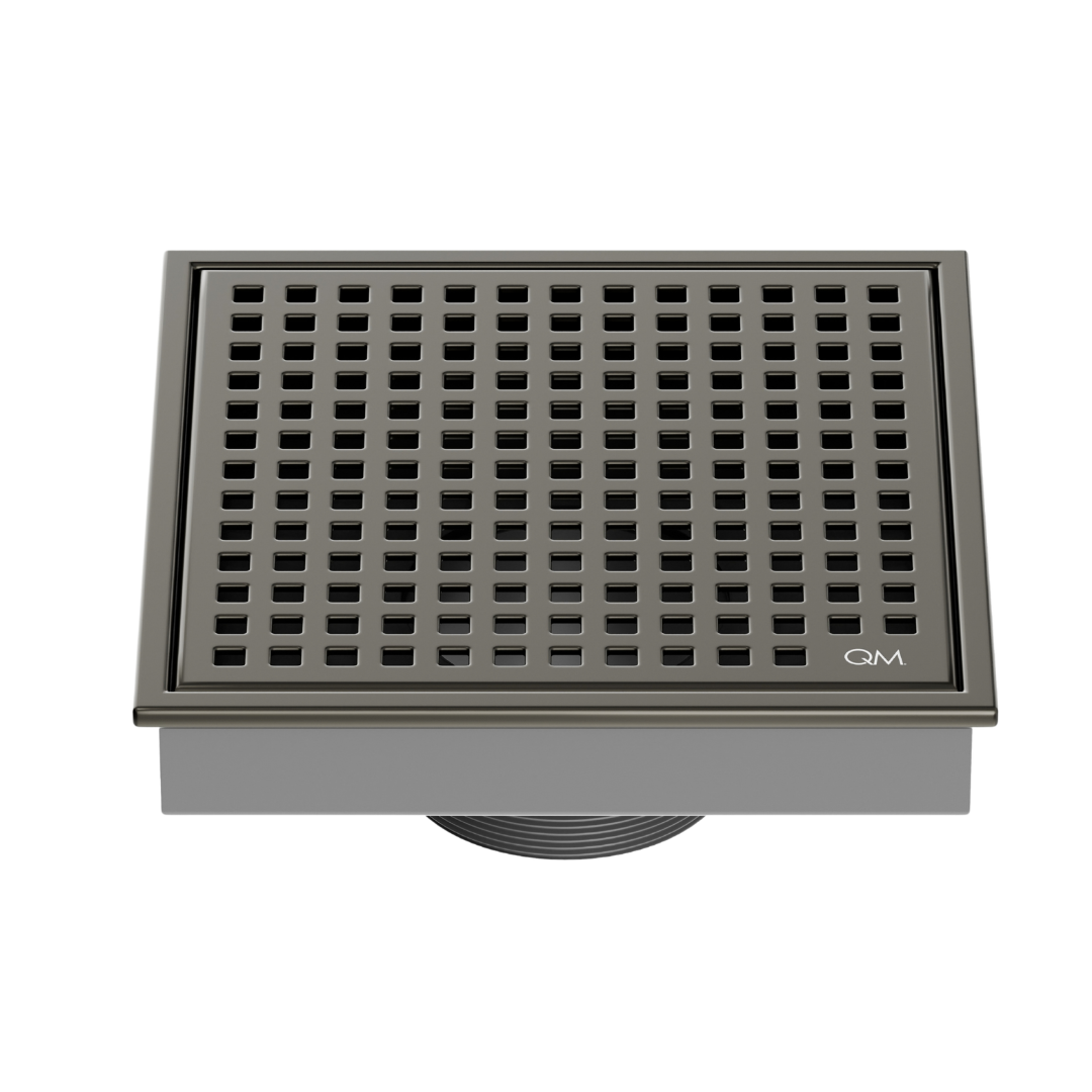 QM Drain Lagos Mira Square Drain 5 3/4 in Luxe Gray finish, featuring a sleek stainless-steel square design with a fine perforated grate. This drain offers efficient water drainage, seamless integration into modern shower floors, and a contemporary aesthetic for luxury bathroom installations.