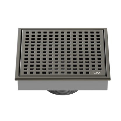 QM Drain Lagos Mira Square Drain 5 3/4 in Luxe Gray finish, featuring a sleek stainless-steel square design with a fine perforated grate. This drain offers efficient water drainage, seamless integration into modern shower floors, and a contemporary aesthetic for luxury bathroom installations.