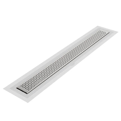 QM Drain Lotus Delmar Standard Length Flange Edge Linear Drain in Satin finish, featuring a sleek stainless-steel channel with an integrated flange edge. This drain ensures seamless tile integration and efficient water drainage, enhancing the modern aesthetic of luxury bathroom floors.