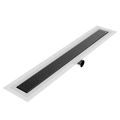 QM Drain Lotus Delmar Standard Length Side Outlet Linear Drain in Black finish, featuring a sleek stainless-steel channel with side outlet connection. This drain offers a minimalist design with integrated waterproof flange, providing efficient water drainage for contemporary luxury shower floors