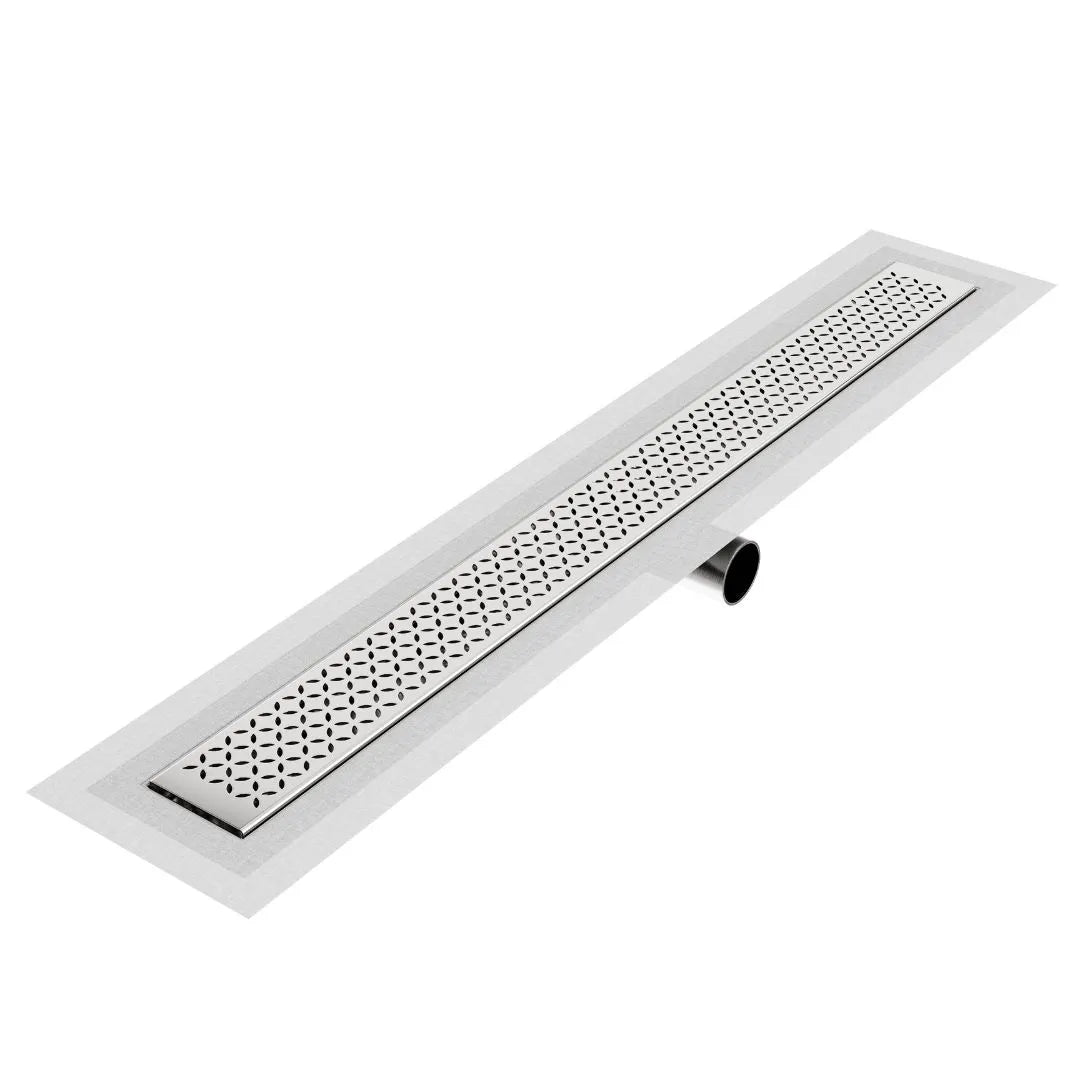 QM Drain Lotus Delmar Standard Length Side Outlet Linear Drain in Polished finish, showcasing the sleek stainless-steel channel with side outlet connection. This drain features a minimalist design with integrated waterproof flange, offering efficient water drainage for modern shower installations.
